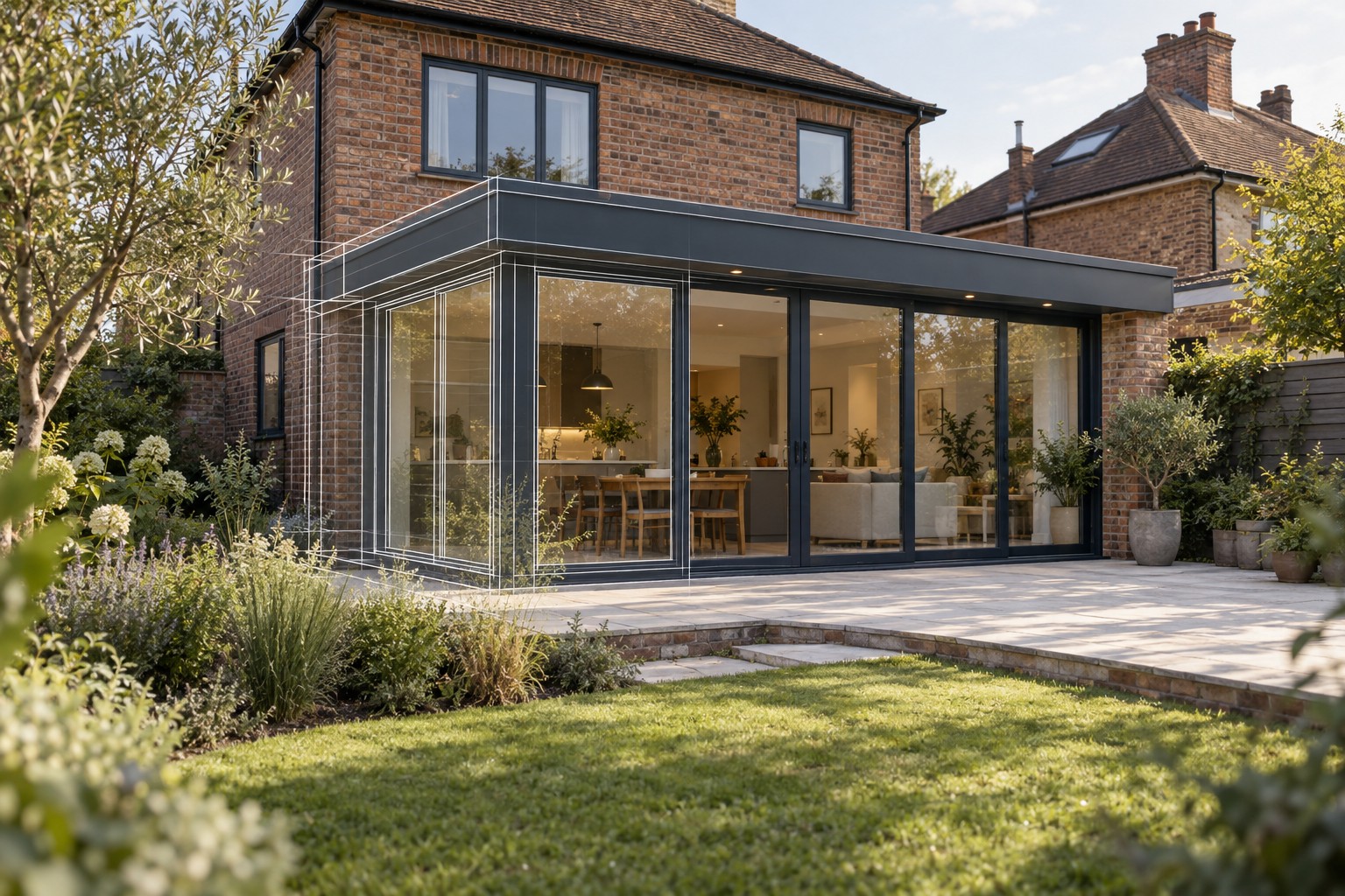 Illustrative brick home with a contemporary single-storey rear extension and subtle architectural drawing lines